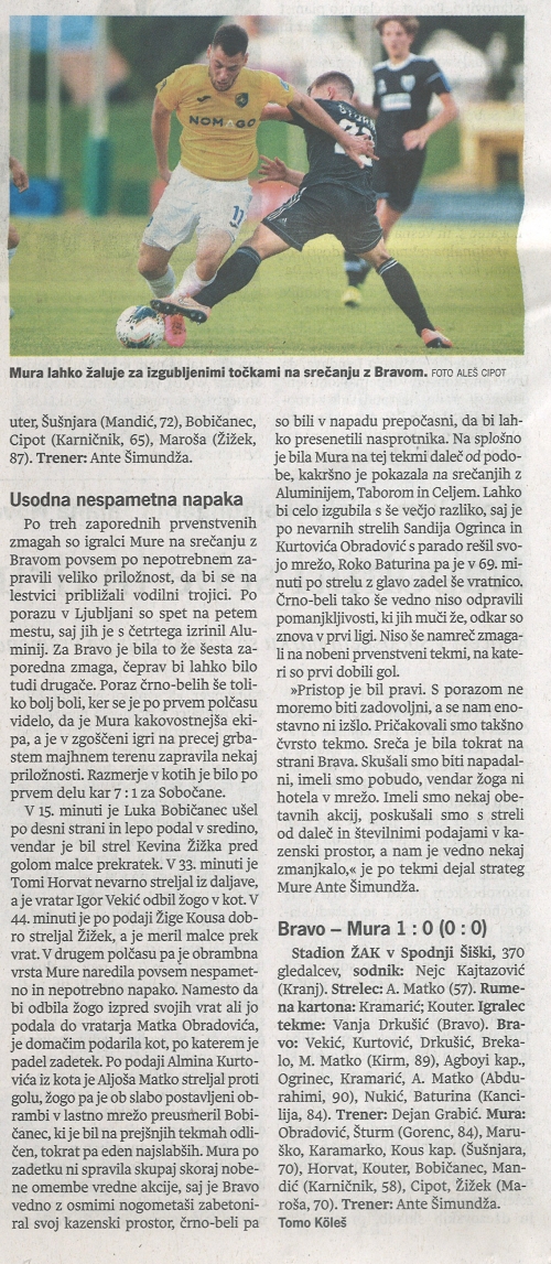 Mura lahko žaluje za izgubljenimi točkami na srečanju z Bravom