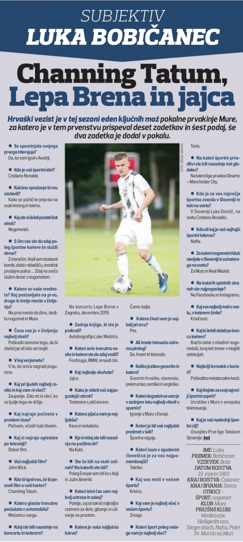 Luka Bobičanec je novinarjem Ekipe odgovarjal na kratka vprašanja. Luka Bobičanec je novinarjem Ekipe odgovarjal na kratka vprašanja.