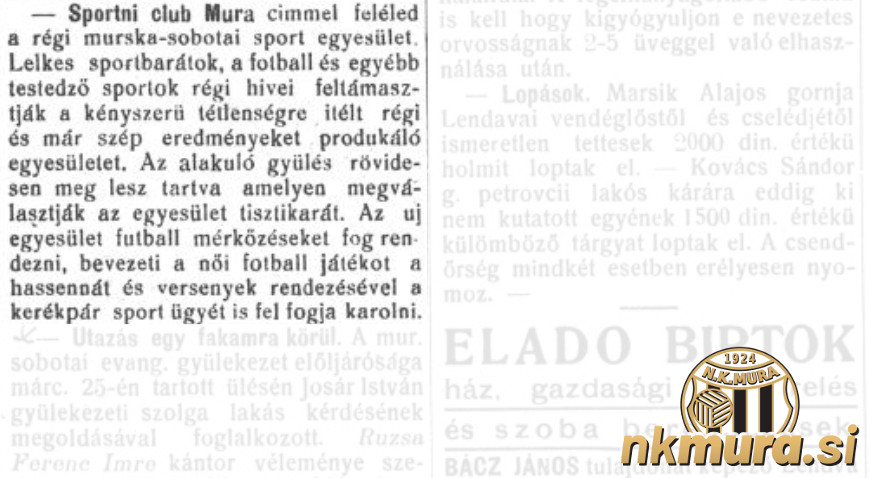 Prvi zapis o tem, da bo v Murski Soboti nastal športni klub Mura.