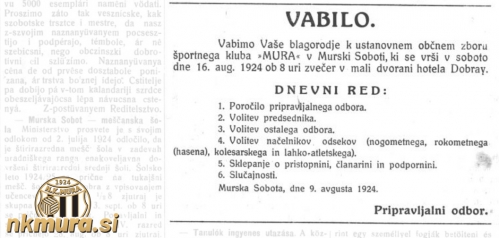 Vabilo na ustanovni občni zbor športnega kluba Mura Vabilo na ustanovni občni zbor športnega kluba Mura