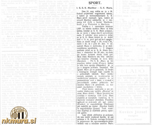 Poročilo s prve tekme Mure, ki je bila 31. avgusta 1924.