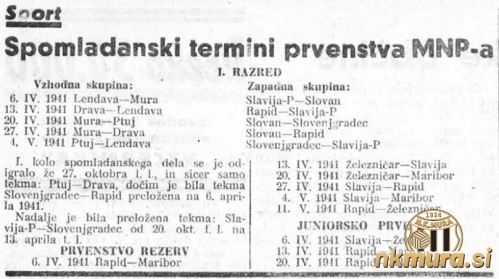 Spomladanski del prvenstva v sezoni 1940/1941 ni bil nikoli odigran, Okupator in politika sta Muro "potisnila" v madžarsko ligo. Spomladanski del prvenstva v sezoni 1940/1941 ni bil nikoli odigran, Okupator in politika sta Muro "potisnila" v madžarsko ligo.