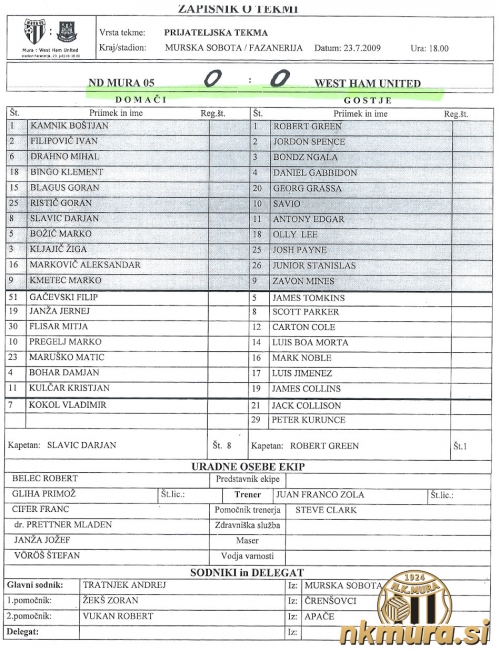 Zapisnik s tekme Mura 05 : West Ham United. Zapisnik s tekme Mura 05 : West Ham United.