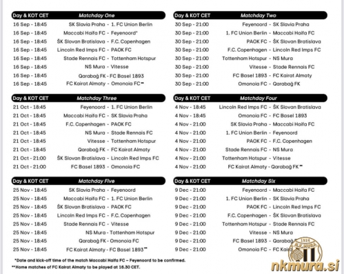 Razpored tekem v Evropski konferenčni ligi za sezono 2021/22. Mura bo vse domače tekme igrala ob 18.45. Razpored tekem v Evropski konferenčni ligi za sezono 2021/22. Mura bo vse domače tekme igrala ob 18.45.