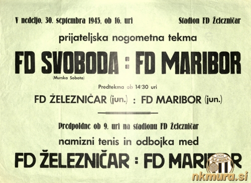Vabilo na prijateljsko nogometno tekmo med Mariborom in Svobodo. Tekma je bila v Mariboru na stadionu Železničara. Vabilo na prijateljsko nogometno tekmo med Mariborom in Svobodo. Tekma je bila v Mariboru na stadionu Železničara.