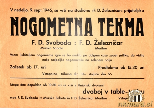 Vabilo na prijateljsko nogometno tekmo med mariborskim Železničarjem in Svobodo. Tekma je bila v Mariboru na Železničarja.