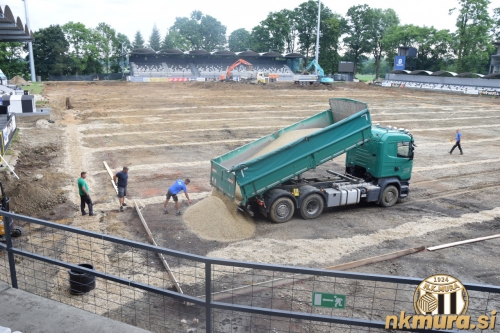 Na južni strani so označili igrišče, tovornjaki pa navažajo frakcijo. Na severni strani odstranjujejo še zadnjo zemljo stare travnate ruše. Na južni strani so označili igrišče, tovornjaki pa navažajo frakcijo. Na severni strani odstranjujejo še zadnjo zemljo stare travnate ruše.