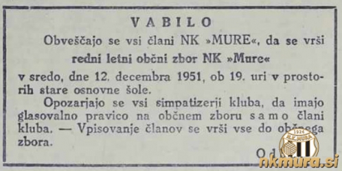 Vabilo na občni zbor Mure leta 1951