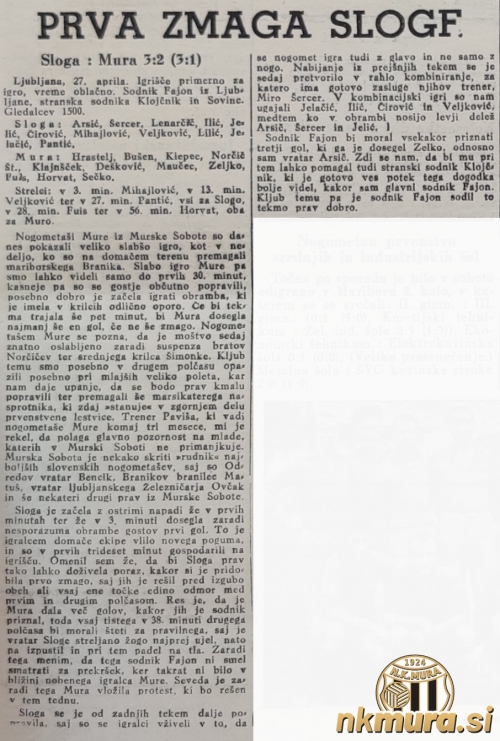 Poročilo s tekme med ljubljansko Slogo in Muro (27. april 1952) v katerem je zapisano, da je Branko Paviša postal trener Mure v začetku leta 1952.