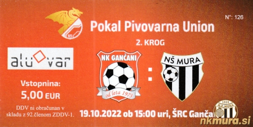 Vstopnica s tekme Gančani : Mura, 19. oktober 2022. Vstopnica s tekme Gančani : Mura, 19. oktober 2022.