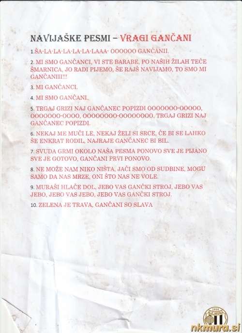Seznam navijaških pesmi Vragov Gančani, ki so jih prepevali na tekmi. Seznam navijaških pesmi Vragov Gančani, ki so jih prepevali na tekmi.