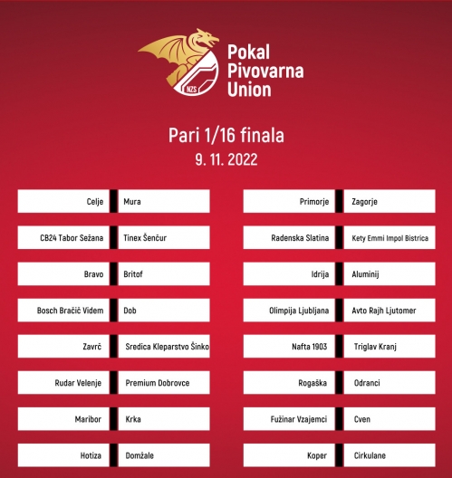 Pari 1/16 finala pokala Pivovarne Union. Pari 1/16 finala pokala Pivovarne Union.