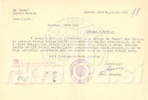 Vabilo na II. izredno sejo odbora Mure, ki je bila 20. februarja 1951.