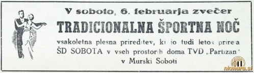Murina noč je po preimenovanju Mure v Soboto postala Športna noč. Vabilo je iz leta 1954. Murina noč je po preimenovanju Mure v Soboto postala Športna noč. Vabilo je iz leta 1954.