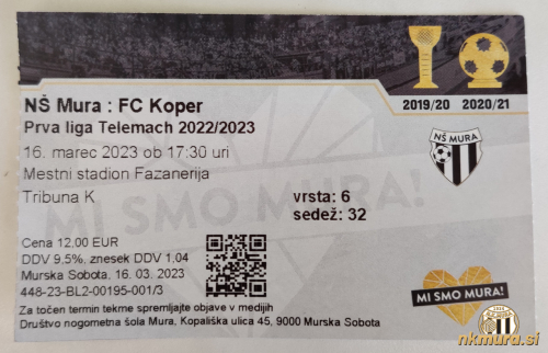 Vstopnica za tekmo Mura : Koper. Vstopnica za tekmo Mura : Koper.