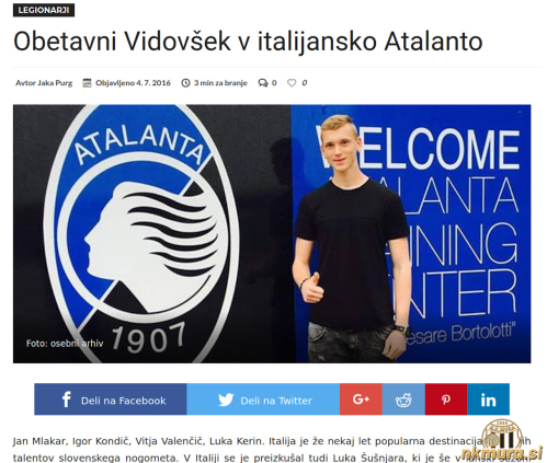Vidovšek je 4. julija 2016 odšel v Atalanto. Vidovšek je 4. julija 2016 odšel v Atalanto.