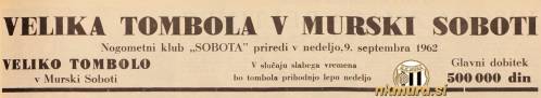 Vabilo na tombolo NK Sobote leta 1962.