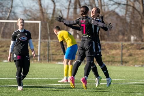 Veselje po doseženem zadetku. Od leve: Dolinar, Kolbl in Malakhova. Veselje po doseženem zadetku. Od leve: Dolinar, Kolbl in Malakhova.