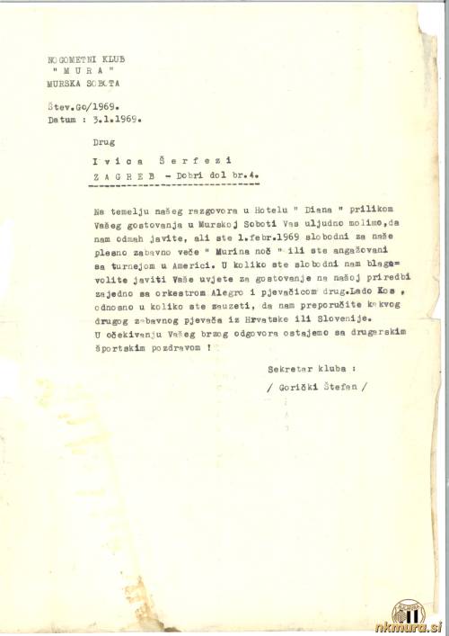 Vabilo in prošnja Ivici Šerfeziju za gostovanje na plesno zabavnem večeru Murina noč. Vabilo in prošnja Ivici Šerfeziju za gostovanje na plesno zabavnem večeru Murina noč.