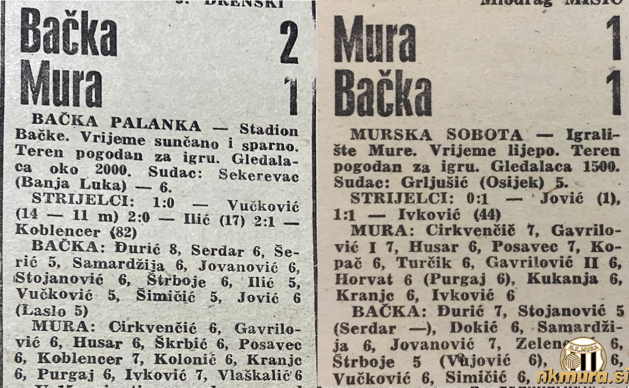 Faksimile iz Sportskih novosti iz tekem Mure in Bačke Palanke v sezoni 1973/74.  Tekma v Bački Palanki je bila 9. septembra 1973, v Murski Soboti pa 31. marca 1974. Za Bačko je branil Slobodan Đurić.