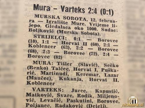 Poročilo s tekme med Muro in Varteksom, ki je bilo 13. februarja 1967 objavljeno v Sportskih novostih. Poročilo s tekme med Muro in Varteksom, ki je bilo 13. februarja 1967 objavljeno v Sportskih novostih.