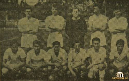 Začetna enajsterica Mure na tekmi Mura : Rudar Trbovlje (4. junij 1967). Stojijo od leve: Puškarič, Kerčmar, Pihler, Kukanja, V. Horvat. Čepijo od leve: Miloševič, Sečko, Tkalčec, J. Martinuzzi, Maučec in Koblencer.