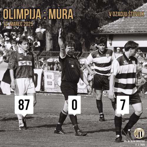 Pred 88 prvenstvenim dvobojem Mure in Olimpije prinašamo tri zanimivosti, ki se skrivajo za tremi številkami. Prizor je s tekme Mura : SCT Olimpija, 15. maj 1994. Glavni sodnik je bil Vili Krajnc, muraša pa sta Peter Breznik (levo) in Primož Gliha. Pred 88 prvenstvenim dvobojem Mure in Olimpije prinašamo tri zanimivosti, ki se skrivajo za tremi številkami. Prizor je s tekme Mura : SCT Olimpija, 15. maj 1994. Glavni sodnik je bil Vili Krajnc, muraša pa sta Peter Breznik (levo) in Primož Gliha.