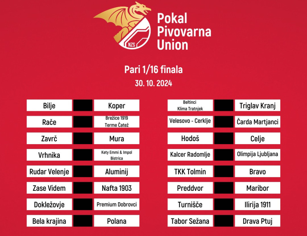 Pari šestnastine finala pokala Pivovarna Union. Pari šestnastine finala pokala Pivovarna Union.