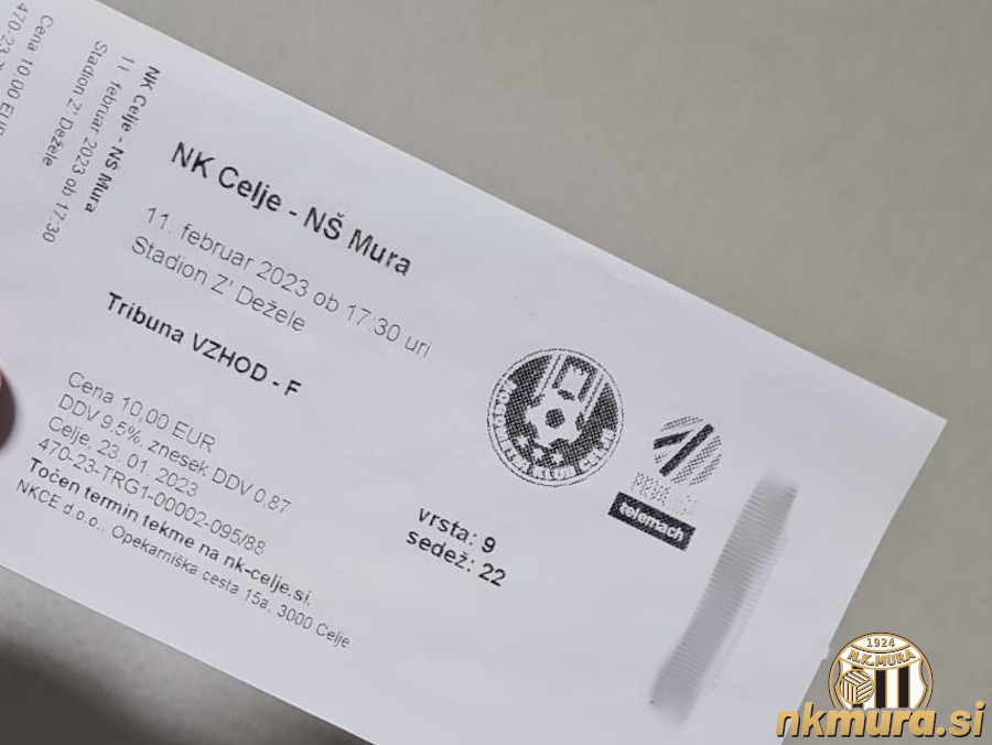 Vstopnica za tekmo Celje : Mura (11. februar 2023)