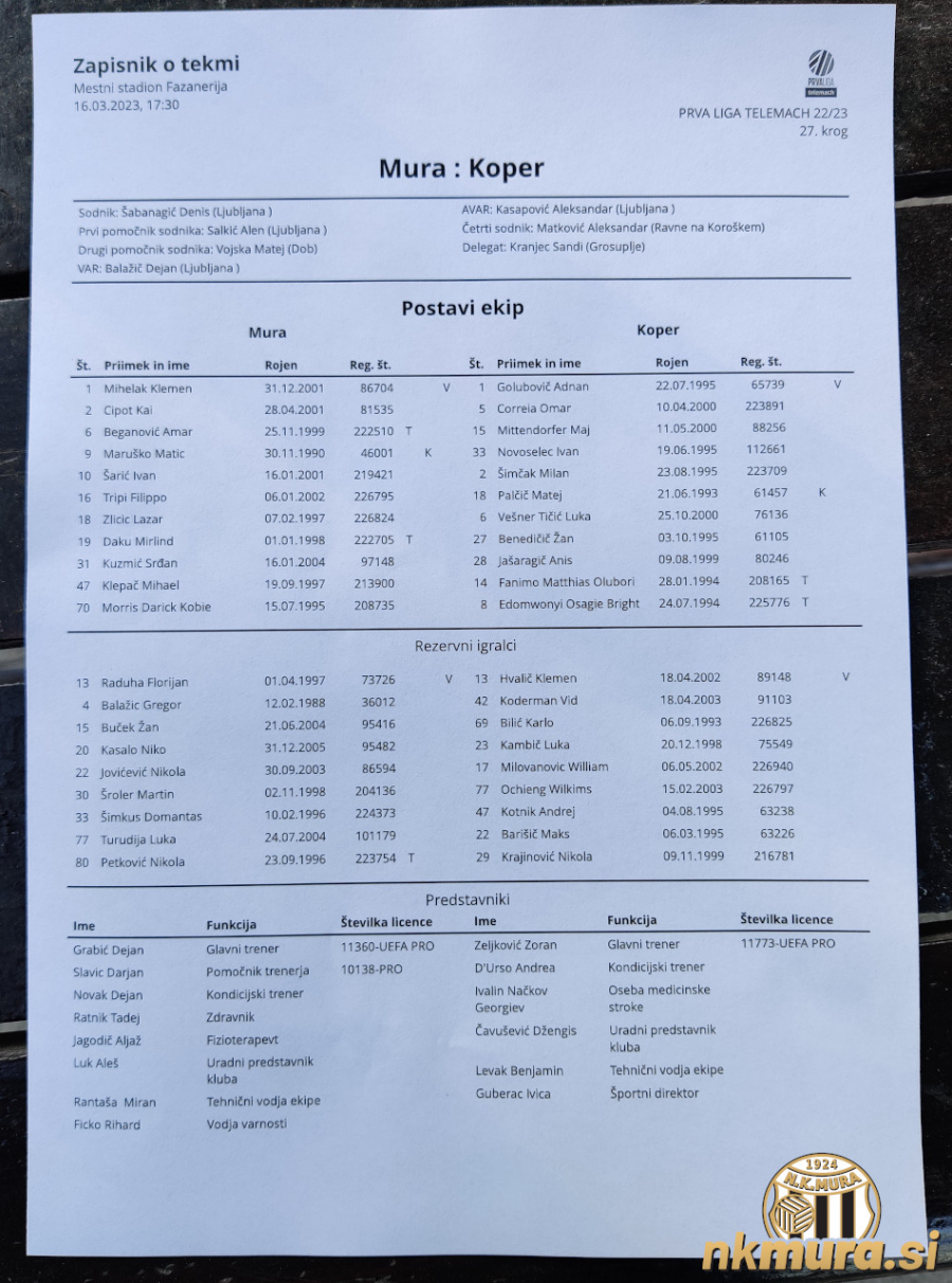 Uradni zapisnik s tekme Mura : Koper Uradni zapisnik s tekme Mura : Koper