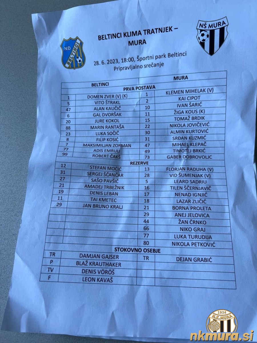 Zapisnik s tekme Beltinci : Mura, 28. junija 2023.