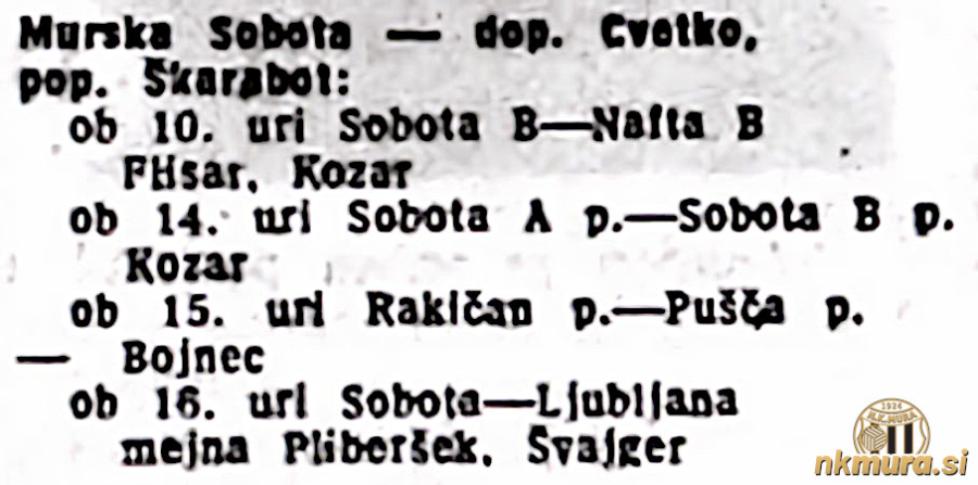 Dvojni članski nogometni spored na Fazaneriji v nedeljo 27. septembra 1959. Ob desetih sta se v pomurski nog. ligi pomerili drugi ekipi Sobote in Nafte. Ob 14. in 15. uri sta sledili dve tekmi pionirjev Sobote in Rakičana, ob 16. uri pa tekma 4. kroga slovenske republiške lige med Soboto in Ljubljano (5:2). Dan prej, 26. septembra pa je bila na tem igrišču še tekma med članskima ekipama Rakičana in Nafte (2:2), ki sta takrat tekmovala v nogometnem prvenstvu MB podzveze. Dvojni članski nogometni spored na Fazaneriji v nedeljo 27. septembra 1959. Ob desetih sta se v pomurski nog. ligi pomerili drugi ekipi Sobote in Nafte. Ob 14. in 15. uri sta sledili dve tekmi pionirjev Sobote in Rakičana, ob 16. uri pa tekma 4. kroga slovenske republiške lige med Soboto in Ljubljano (5:2). Dan prej, 26. septembra pa je bila na tem igrišču še tekma med članskima ekipama Rakičana in Nafte (2:2), ki sta takrat tekmovala v nogometnem prvenstvu MB podzveze.